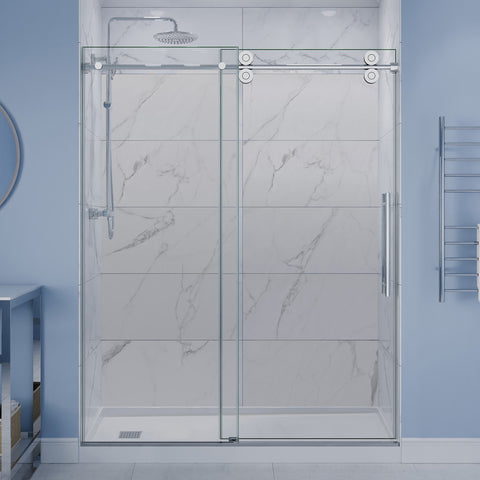 ANZZI 60" x 76" Frameless Sliding Shower Door, 3/8" TSUNAMI GUARD Glass, Exposed Rollers and RHINO ALLOY Hardware, Polished Chrome