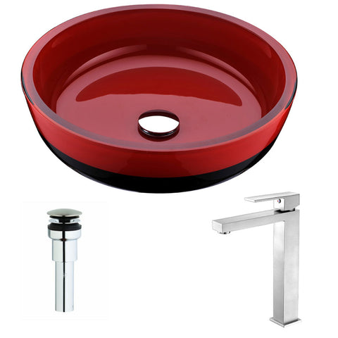 LSAZ060-096B - ANZZI Schnell Series Deco-Glass Vessel Sink in Lustrous Red and Black with Enti Faucet in Brushed Nickel