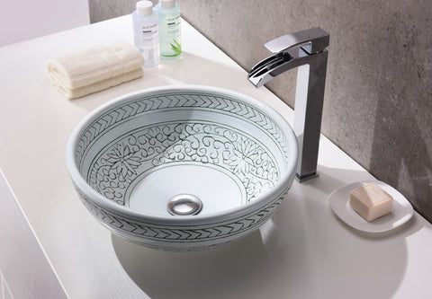 Cadence Series 16 in. Round Bathroom Vessel Sink with Stain-Resistant Non-Porous Surface in Decor White Finish Glass