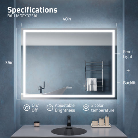 ANZZI 36-in. x 48-in. Frameless LED Front/Back Light Bathroom Mirror w/Defogger