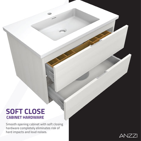 ANZZI Conques 3-Piece Vanity Set (30" W), Wall Mounted, Glossy White Stone Top, Soft-Close Drawers, LED Defogger Mirror & 55" Side Cabinet