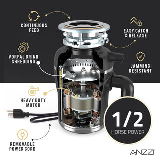 ANZZI Medusa High-Speed Continuous Feed Disposal (0.5 HP / 0.75 HP), Two-Stage Multi-Level Grinding, Quiet Operation, Plug’N Play Installation