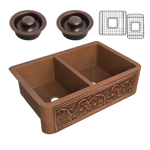 SK-010 - ANZZI Moesia Farmhouse Handmade Copper 33 in. 60/40 Double Bowl Kitchen Sink with Floral Design in Polished Antique Copper