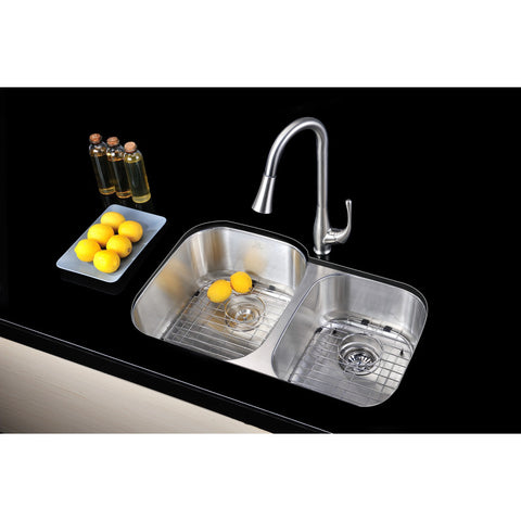 Moore Undermount Stainless Steel 32 in. 0-Hole 60/40 Double Bowl Kitchen Sink in Brushed Satin