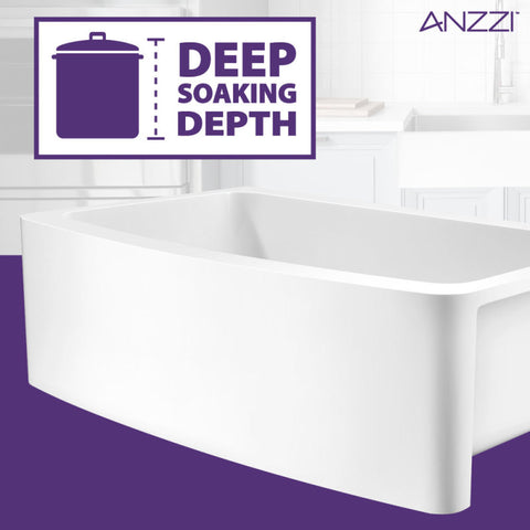 ANZZI Mesa Series Farmhouse Solid Surface 33 in. 0-Hole Single Bowl Kitchen Sink with 1 Strainer in Matte White