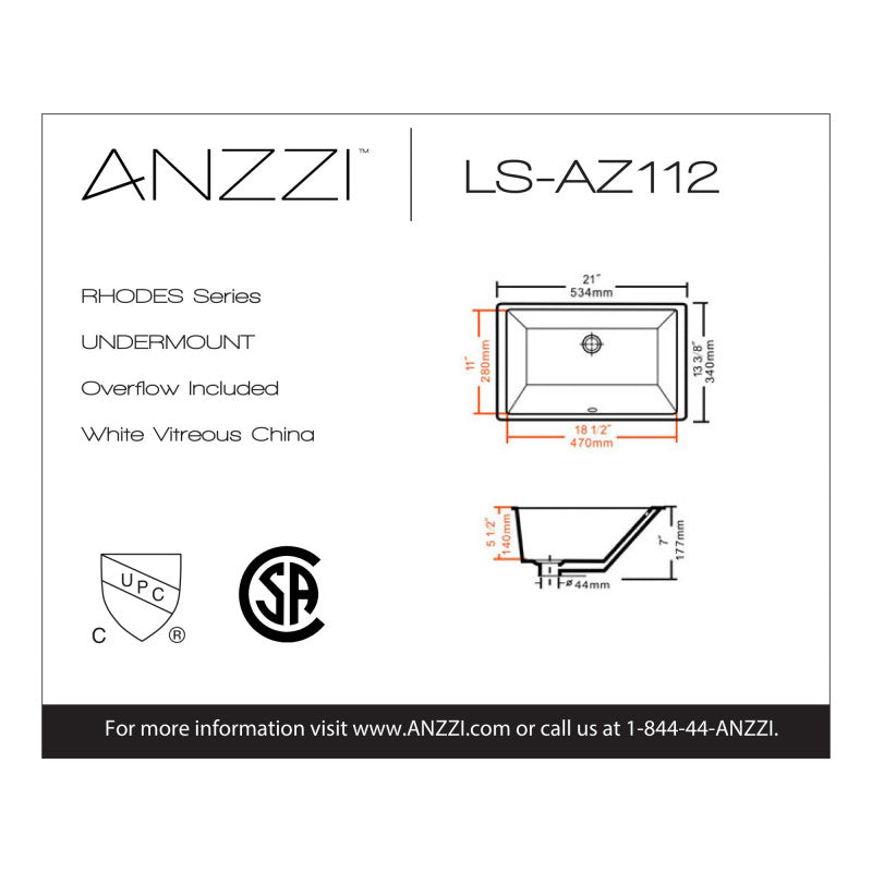 LS-AZ112 - ANZZI Rhodes Series 21 in. Ceramic Undermount Sink