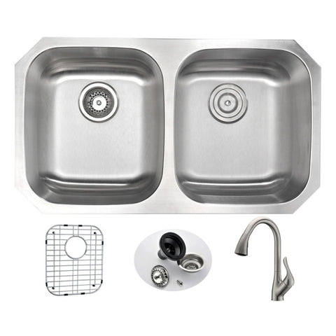 KAZ3218-031B - ANZZI MOORE Undermount 32 in. Double Bowl Kitchen Sink with Accent Faucet in Brushed Nickel