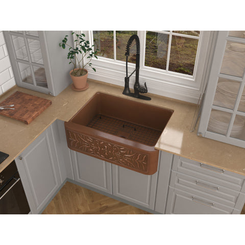 K-AZ253 - ANZZI Orchard Farmhouse Handmade Copper 30 in. 0-Hole Single Bowl Kitchen Sink with Flower Design Panel in Polished Antique Copper