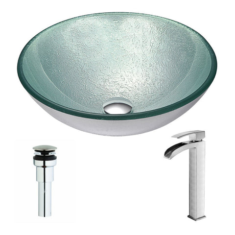 LSAZ055-097B - ANZZI Spirito Series Deco-Glass Vessel Sink in Churning Silver with Key Faucet in Brushed Nickel