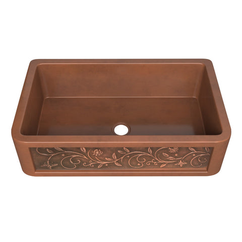 ANZZI Mytilene Farmhouse Handmade Copper 36 in. 0-Hole Single Bowl Kitchen Sink with Floral Design Panel in Polished Antique Copper
