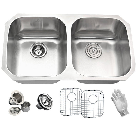 K-AZ3218-2B - Moore Undermount Stainless Steel 32 in. 0-Hole 50/50 Double Bowl Kitchen Sink in Brushed Satin