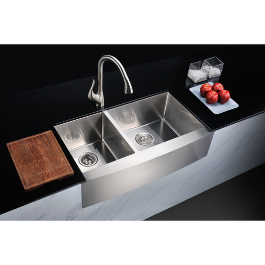ANZZI ELYSIAN Series 36 in. Farm House 40/60 Dual Basin Handmade Stainless Steel Kitchen Sink