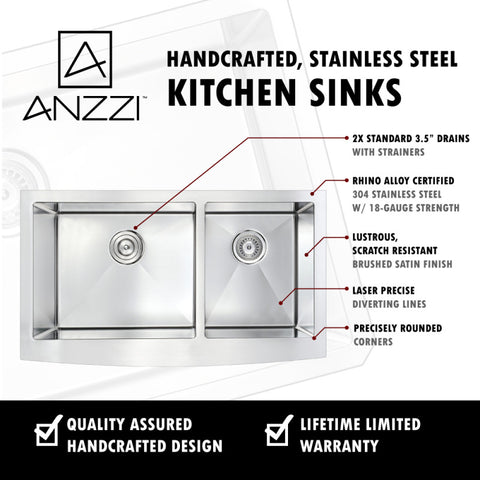 ANZZI Elysian Farmhouse Stainless Steel 36 in. 0-Hole 60/40 Double Bowl Kitchen Sink in Brushed Satin