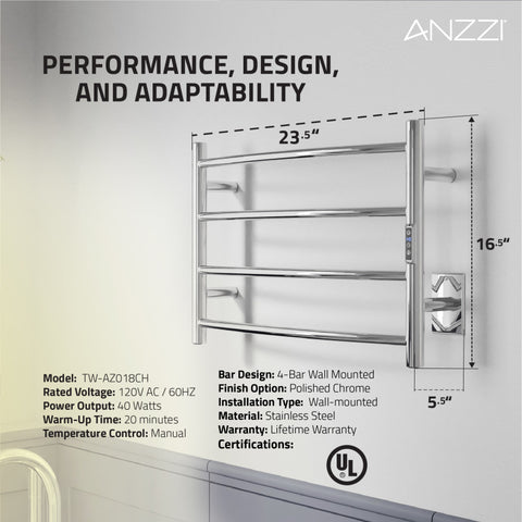 ANZZI Glow 4-Bar Stainless Steel Wall Mounted Towel Warmer