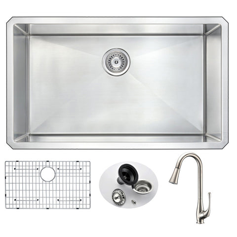 VANGUARD Undermount 32 in. Single Bowl Kitchen Sink with Singer Faucet