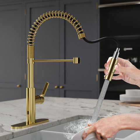 Ola Hands Free Touchless 1-Handle Pull-Down Sprayer Kitchen Faucet with Motion Sense and Fan Sprayer in Brushed Gold
