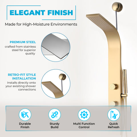 Cici Series 39 in. 2-Jetted Shower Tower with Heavy Rain Showerhead and Spray Wand, Full Body Shower System in Gold