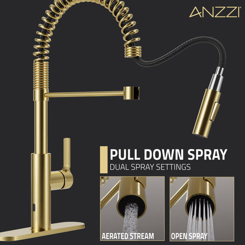 Ola Hands Free Touchless 1-Handle Pull-Down Sprayer Kitchen Faucet with Motion Sense and Fan Sprayer in Brushed Gold