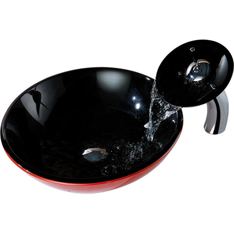 LS-AZ041 - ANZZI Chord Series Deco-Glass Vessel Sink in Lustrous Black and Red with Matching Chrome Waterfall Faucet