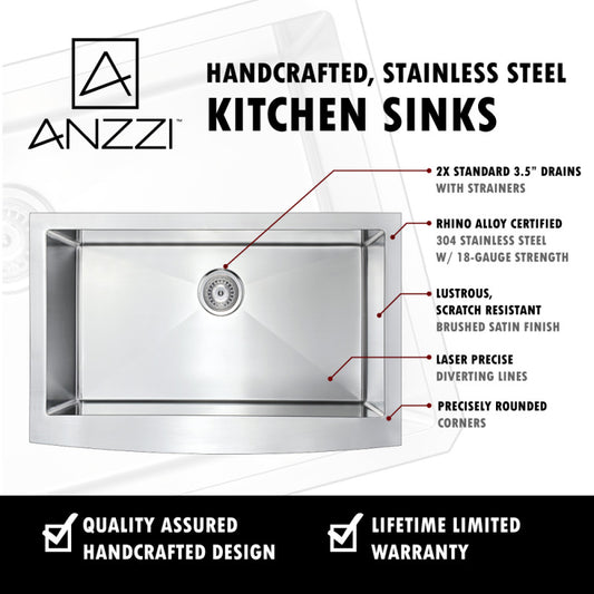 ANZZI Elysian Farmhouse 36 in. Single Bowl Kitchen Sink with Faucet in Polished Chrome