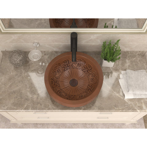 ANZZI Thessaly 17 in. Handmade Vessel Sink in Polished Antique Copper with Floral Design Interior