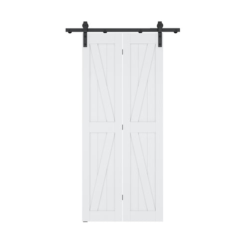 ID-AZBD04 - ANZZI ANZZI Heavy Duty Sturdy Sliding Barn Door - 18x84'' White Bi-folding Double Wood Barn Doors - Solid Core MDF + PVC - Knockdown Design - Barn Door with Hardware Kit- Space-Saving Solution