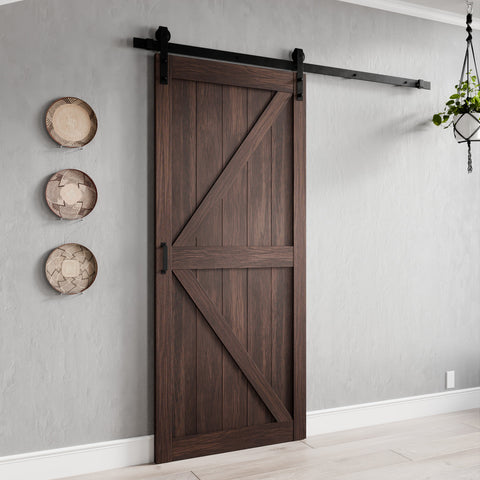 Skocjan Series 36 in. x 84 in. Rustic Wood Finish MDF Interior Sliding Barn Door with Hardware Kit in Matte Black