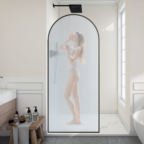 Ember Series 78 in. x 34 in. Framed Arch Fixed Shower Screen Door in Matte Black with 8mm Tempered Fluted Glass