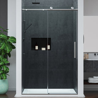 Mountain 48 in Reversible Frameless Sliding Glass Shower Door with Soft-Close System - Multiple Finishes