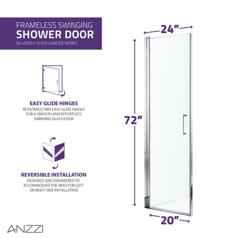 ANZZI Lancer 23 in. x 72 in. Semi-Frameless Shower Door with TSUNAMI GUARD