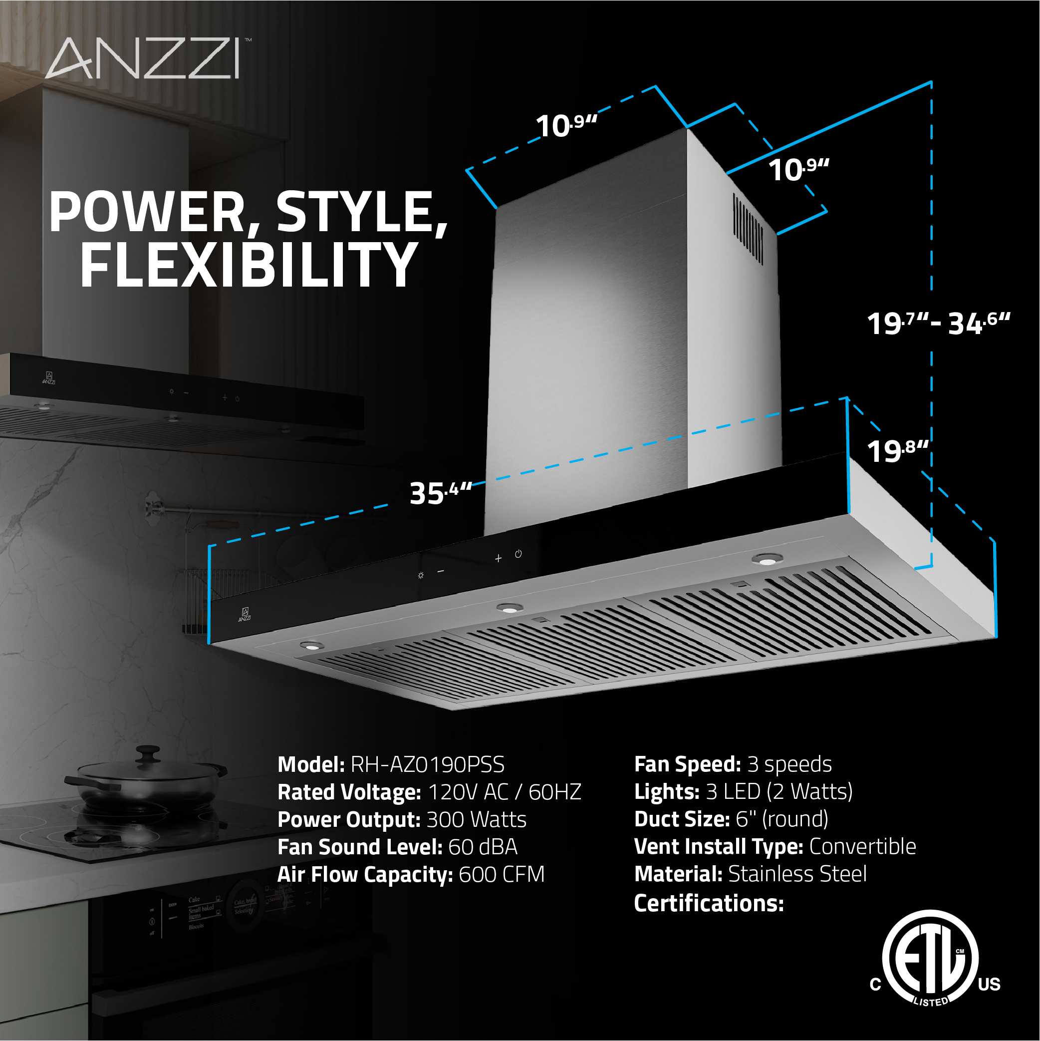 RH-AZ0190PSS - ANZZI ANZZI 36-Inch 600 CFM 3-Speed Stainless Steel