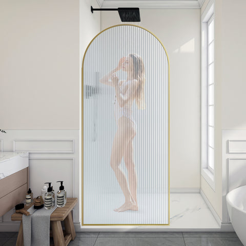 Ember Series 78 in. x 34 in. Framed Arch Fixed Shower Screen Door in Brushed Gold with 8mm Tempered Fluted Glass