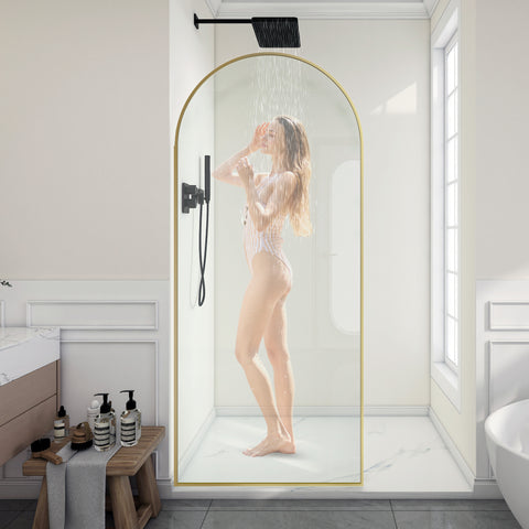 Ember Series 78 in. x 34 in. Framed Arch Fixed Shower Screen Door in Brushed Gold with 8mm Tempered Clear Glass