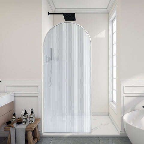 Ember Series 78 in. x 34 in. Framed Arch Fixed Shower Screen Door in Brushed Nickel with 8mm Tempered Fluted Glass
