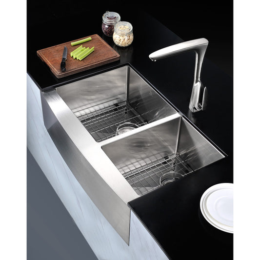 ANZZI Elysian Farmhouse Stainless Steel 33 in. 0-Hole 60/40 Double Bowl Kitchen Sink in Brushed Satin