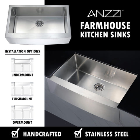 ANZZI Elysian Farmhouse Stainless Steel 36 in. Single Bowl Kitchen Sink in Brushed Satin