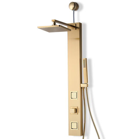 Dion Series 39 in. 2-Jetted Shower Tower with Heavy Rain Showerhead and Spray Wand, Full Body Shower System in Gold