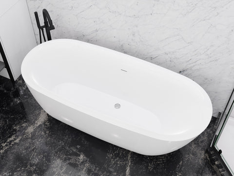 Ami Series 59 in. x 30 in. Flat Bottom Acrylic Freestanding 79 Gallon Soaking Bathtub with Center Drain in Glossy White