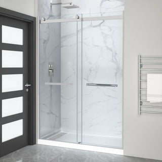 Kahn Series 60 in. x 32 in. Alcove Shower Base and Frameless Sliding Shower Door Combo with Tsunami Guard
