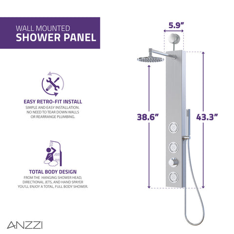 SP-AZ080BN - ANZZI Beverly 3-Jetted Shower Panel with Heavy Rain Shower and Body Jets and Body Jets and Spray Wand in Brushed Nickel