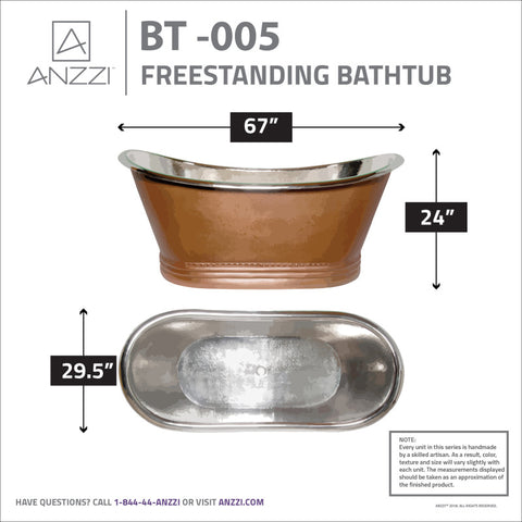 ANZZI Ionian 67 in. Handmade Copper Double Slipper Flatbottom Non-Whirlpool Bathtub in Hammered Antique Copper
