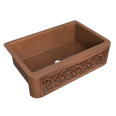 ANZZI Tripolis Farmhouse Handmade Copper 33 in. 0-Hole Single Bowl Kitchen Sink with Floral Design Panel in Polished Antique Copper