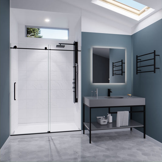 60 in. by 76 in. Frameless Sliding Shower Door in Matte Black with Handle