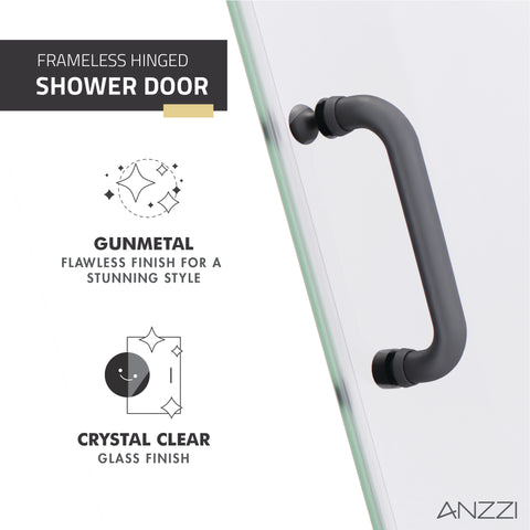 Fellow Series 30 in. by 72 in. Frameless Hinged Shower Door in Gunmetal with Clear Tempered Glass and Tsunami Guard