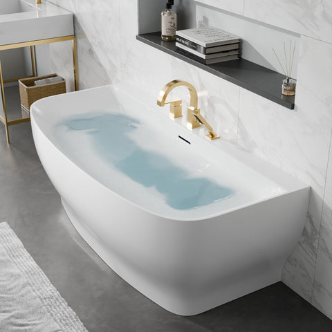Bank Series 65 in. x 31 in. Flat Bottom Acrylic Freestanding Soaking Bathtub with Center Drain, Brushed Gold Faucet