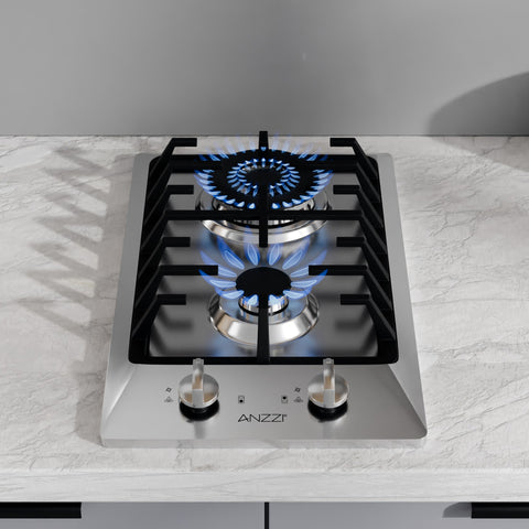 12 in. 2-Burner Recessed Gas Cooktop in Stainless Steel with Power Burners 5800-15000 BTU/h and NG/LP Convertible