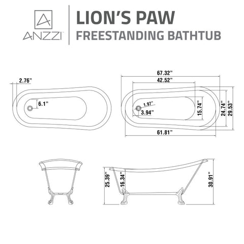 Clawfoot Series 67 in. x 30 in. Soaking Freestanding Bathtub with Center Drain in White with Polished Chrome Feet