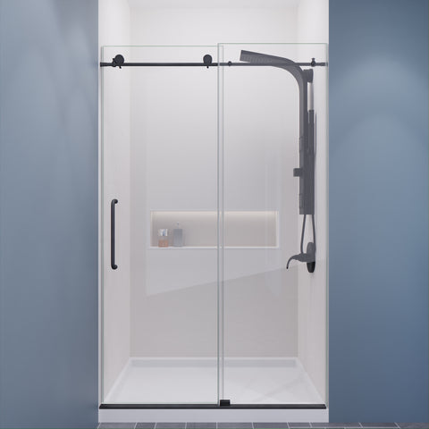 Madam Series 48 in. by 76 in. Frameless Sliding Shower Door in Gunmetal with Clear Tempered Glass and Tsunami Guard