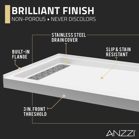 Alexander 60 in. L x 30 in. W Alcove Shower Pan Base with Left or Right Drain in Glossy White Marine Acrylic