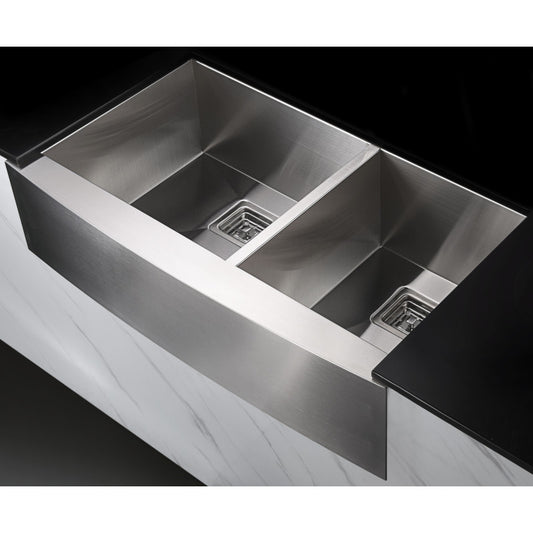 ANZZI Elysian Farmhouse 36 in. 60/40 Double Bowl Kitchen Sink with Faucet in Brushed Nickel